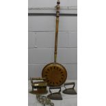 A copper warming pan and three irons **PLEASE NOTE THIS LOT IS NOT ELIGIBLE FOR POSTING AND