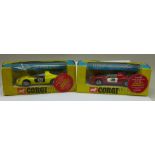Two Corgi Toys 344 Ferrari 206 Dino Sport racing cars, yellow and red, boxed