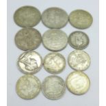 Four Victorian silver coins and a medallion, 37g, and seven 1920 to 1946 coins, 67g, (104g total