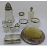 A white metal snuff box, a/f, a silver topped glass shaker and other silver and white metal