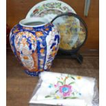 An oriental vase and plate, cork diorama and scarf