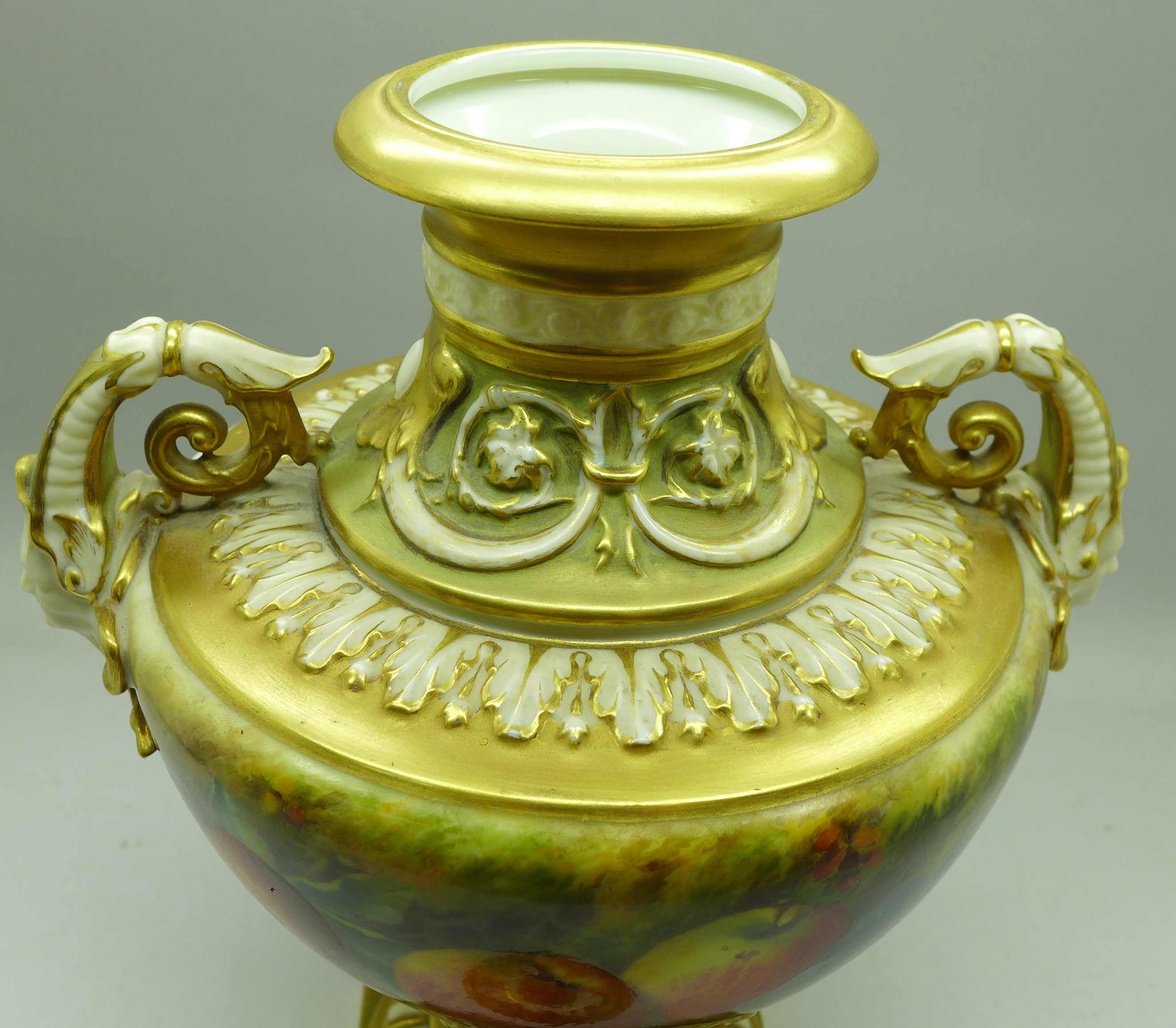 A 1925 Royal Worcester hand decorated lidded vase, 1572, signed (William) Ricketts, finial on lid - Image 9 of 11