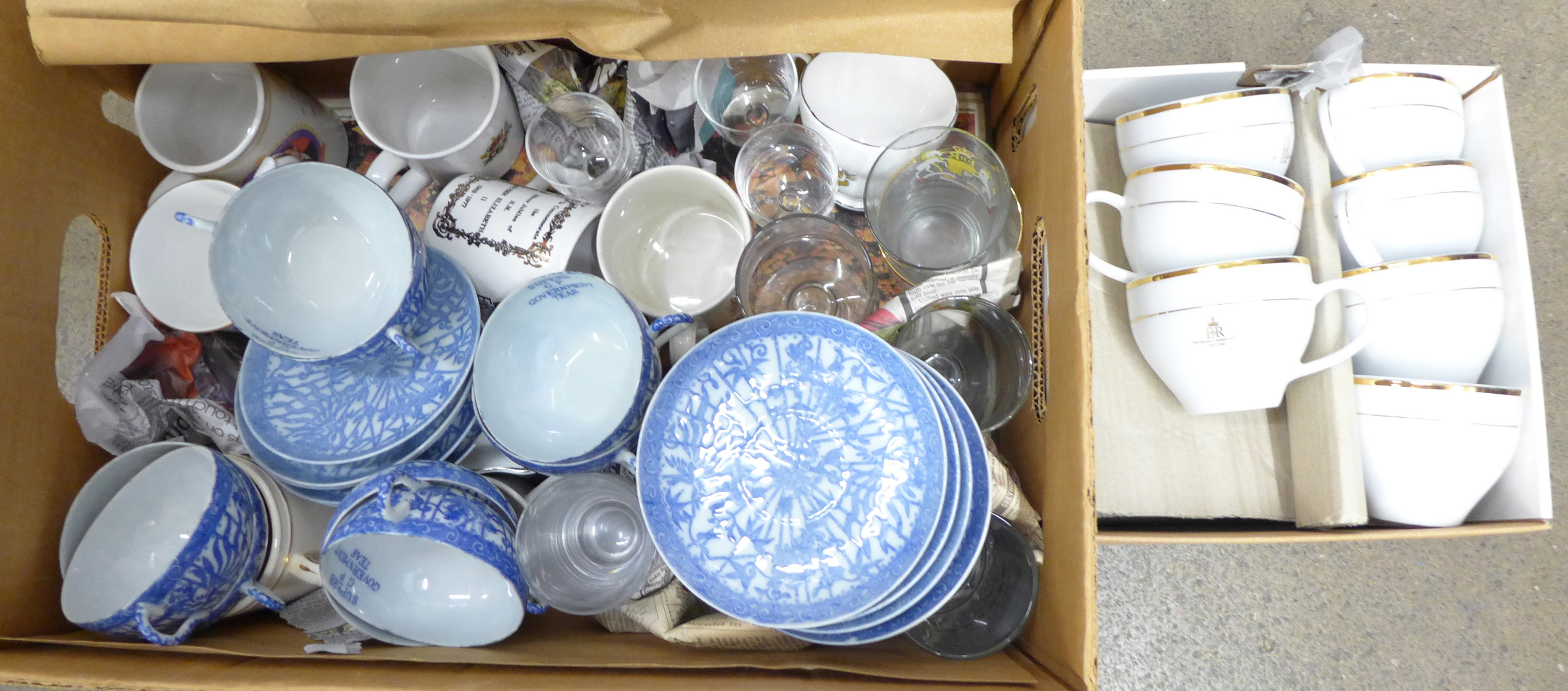 A collection of china and glass, Royalty commemoratives and blue and white cups and saucers **PLEASE