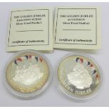 Two limited edition silver proof Piedfort Golden Jubilee coins, both 925 silver and 56.56g