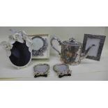 Photograph frames and a plated teapot