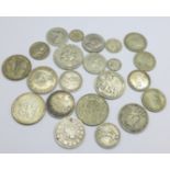 A collection of coins including 1941 Indian rupee, French, American, Australian 1927 shilling, etc.,