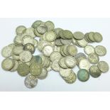 Approximately 100 pre 1947 silver 3d coins, 142g
