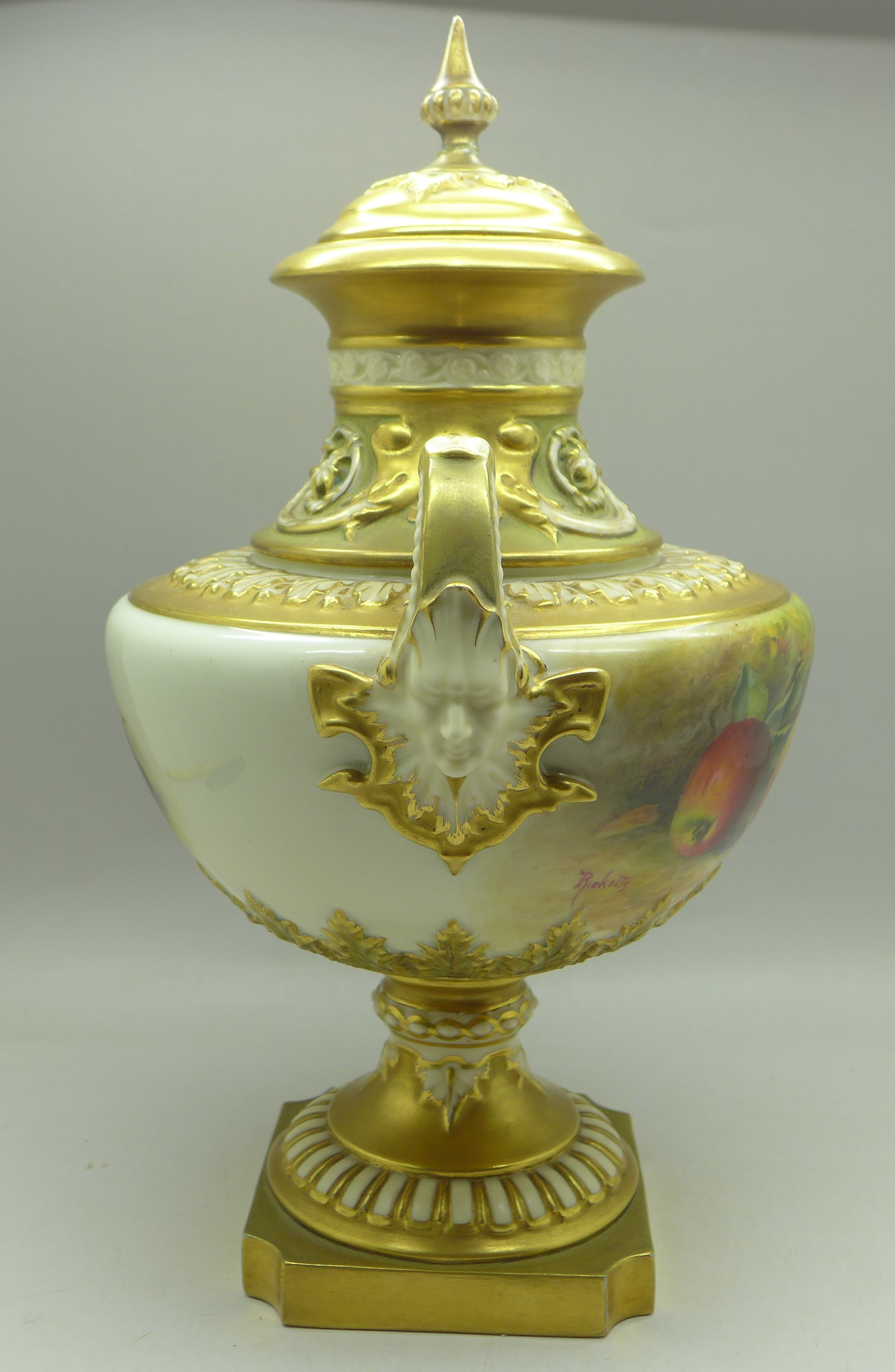A 1925 Royal Worcester hand decorated lidded vase, 1572, signed (William) Ricketts, finial on lid - Image 6 of 11