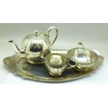 A Victorian Mappin & Webb bachelor silver plated teaset on tray, engraved decoration