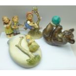 A Goebel circus bear, wall pocket, (a/f) and two figures