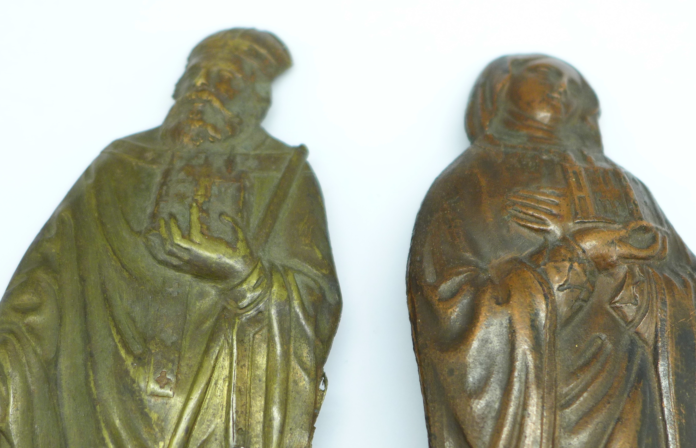 Two Holy figures holding cathedrals including one bronze and two bronze plaques, marked (Charles) - Image 6 of 6