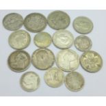 Ten pre 1920 coins including 19th Century, 84g, and five 1920 to 1946 coins, 59g, (143g in total)