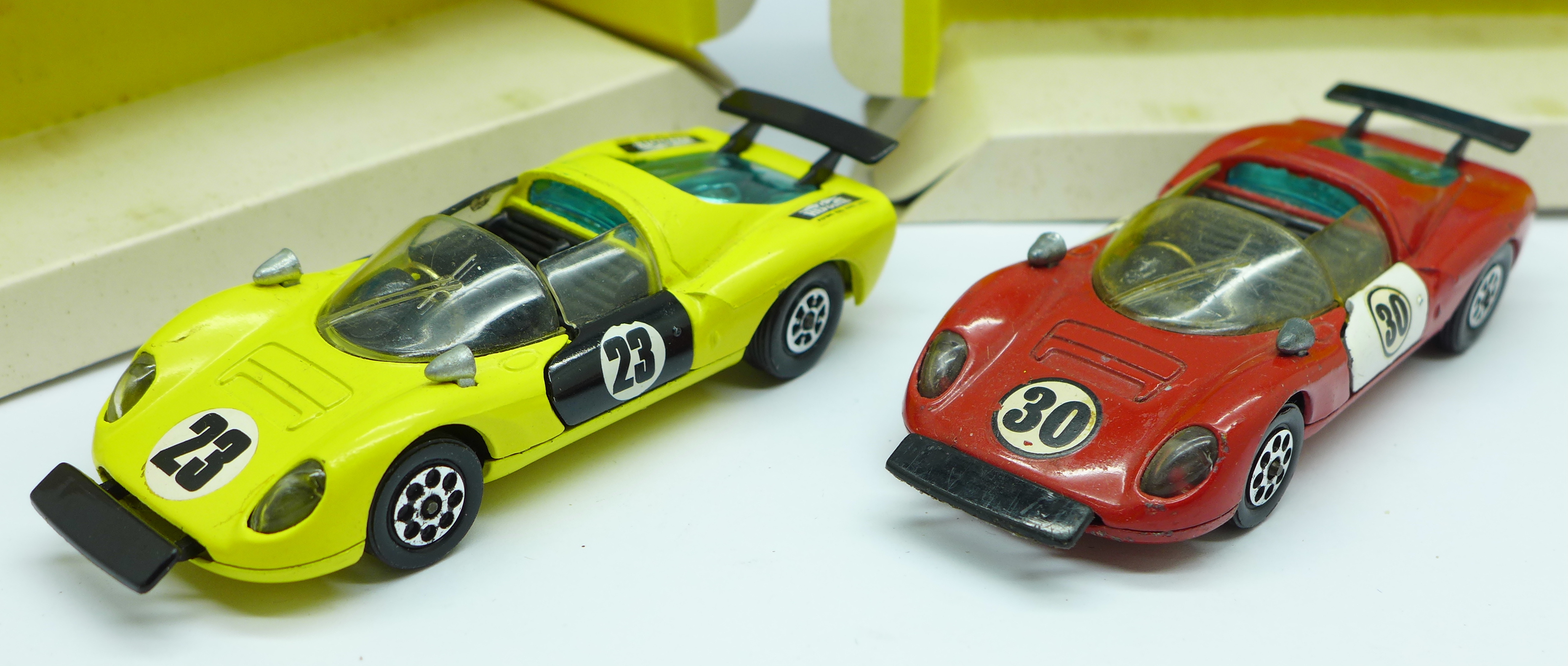 Two Corgi Toys 344 Ferrari 206 Dino Sport racing cars, yellow and red, boxed - Image 5 of 7