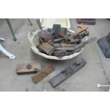 Assorted woodworking tools including planes, hand drill, etc.