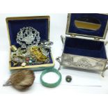 Costume jewellery, a Sekonda wristwatch and an Art Nouveau style jewellery box