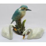 Two Beswick swans and a model of a kingfisher