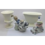 Two Wedgwood vases and two Lladro figures