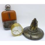 A Cyma Watch Co. travel clock, a hip flask and a key hook in the form of a dog's head