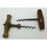 Two wooden handled corkscrews