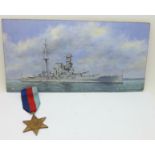 A WWII medal, The 1939-45 Star and a print of HMS Queen Elizabeth