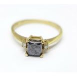 A 9ct gold, diamond and black stone ring, 2.2g, R