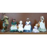 A collection of six Royal Doulton figures, including The Laird, The Milkmaid and Silks and Ribbons