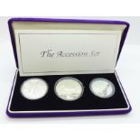 The Accession silver three coin set, boxed, Royal Canadian Mint, Royal Mint and Royal Australian