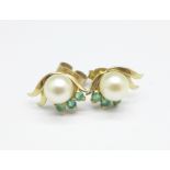 A pair of 9ct gold, pearl and emerald earrings