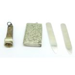 A pair of silver collar stiffeners, a silver cigar cutter and a plated vesta case