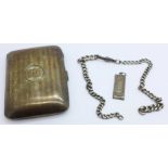 A silver cigarette case, a silver ingot pendant and a silver chain, chain a/f, 97g