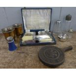 Plated ware including two tankards, cased flatware and a silver rimmed Wedgwood Jasperware vase,