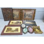 A collection of framed pictures and a wooden plaque **PLEASE NOTE THIS LOT IS NOT ELIGIBLE FOR