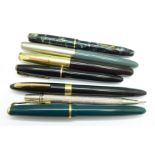 Six pens including three with 14ct gold nibs and a silver Yard-O-Led pencil, pencil a/f