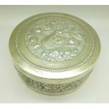A circular white metal box with wood liner, marked Argent 900, diameter 12cm