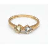 A 9ct gold, two colour gemstone set ring, 1.3g, M