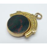 A Victorian 9ct gold swivel fob set with bloodstone, Chester 1899, total weight 7.9g