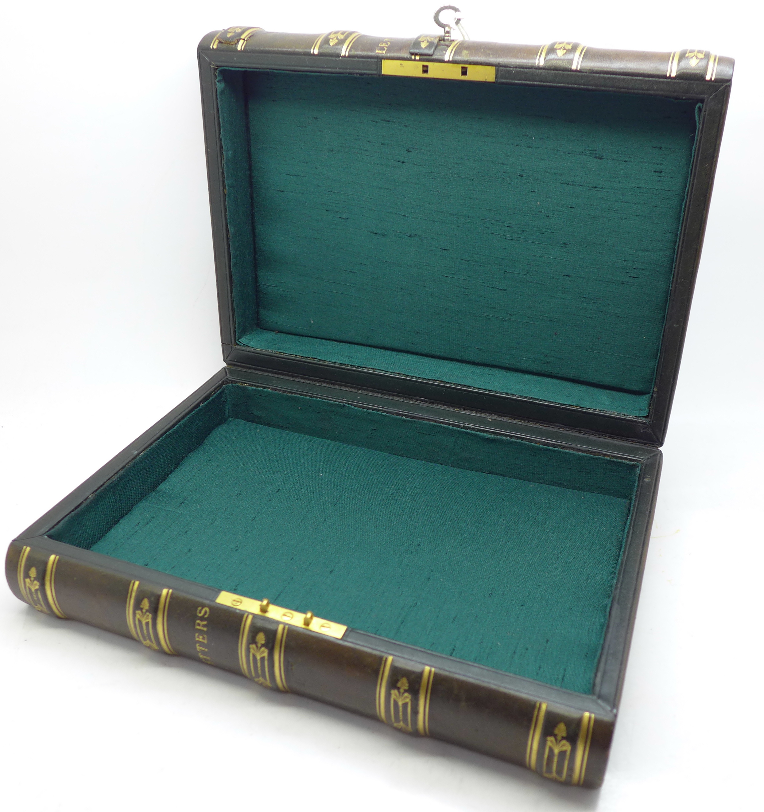 A Victorian leather box in the form of two books, with key, height 23cm - Image 4 of 6