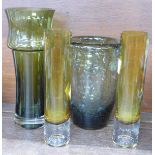 Four items of 1960's glassware including Whitefriars controlled bubble vase