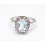 A 9ct gold, aquamarine, pink sapphire and diamond cluster ring, 2.5g, O