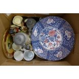 A box of assorted china including Royal commemorative, two steins, tankards, plates, two japanese