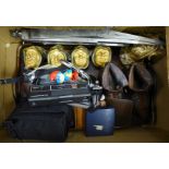 Assorted items including a wooden tray, Halina camera, Canon 72mm zoom lens, watches, pocket