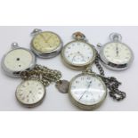 A silver fob watch, four pocket watches and a stop-watch, a/f
