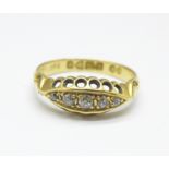 An Edwardian 18ct gold and five stone diamond ring, 2.2g, K, Chester 1908