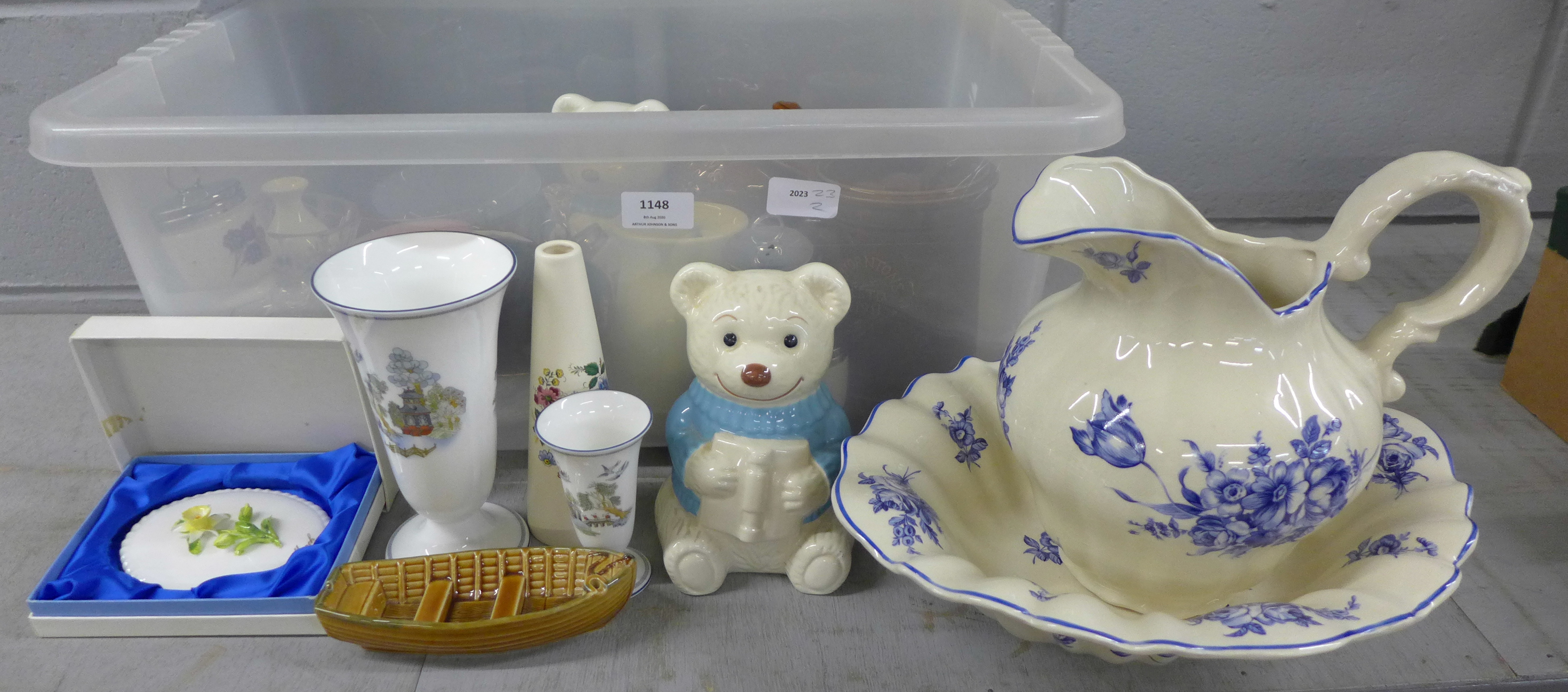 Four pieces of Wedgwood Chinese Legend, a Coalport plaque, Wade, Worcester coddlers, a jug and bowl,