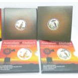 Two 2012 Australian Outback 999. 1oz. silver coins, Kookaburra and Kangaroo, boxed, 31.1g each