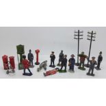 A collection of Britains lead figures, etc., including policemen, railway, military and post boxes