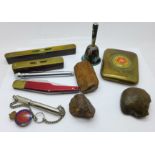 A cigarette case marked Lancashire Division, spirit levels, cloisonne bell, boulder opal, etc.