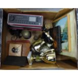 A collection of framed prints, brass plates, a Roberts radio, wallet, plated cups, etc. **PLEASE