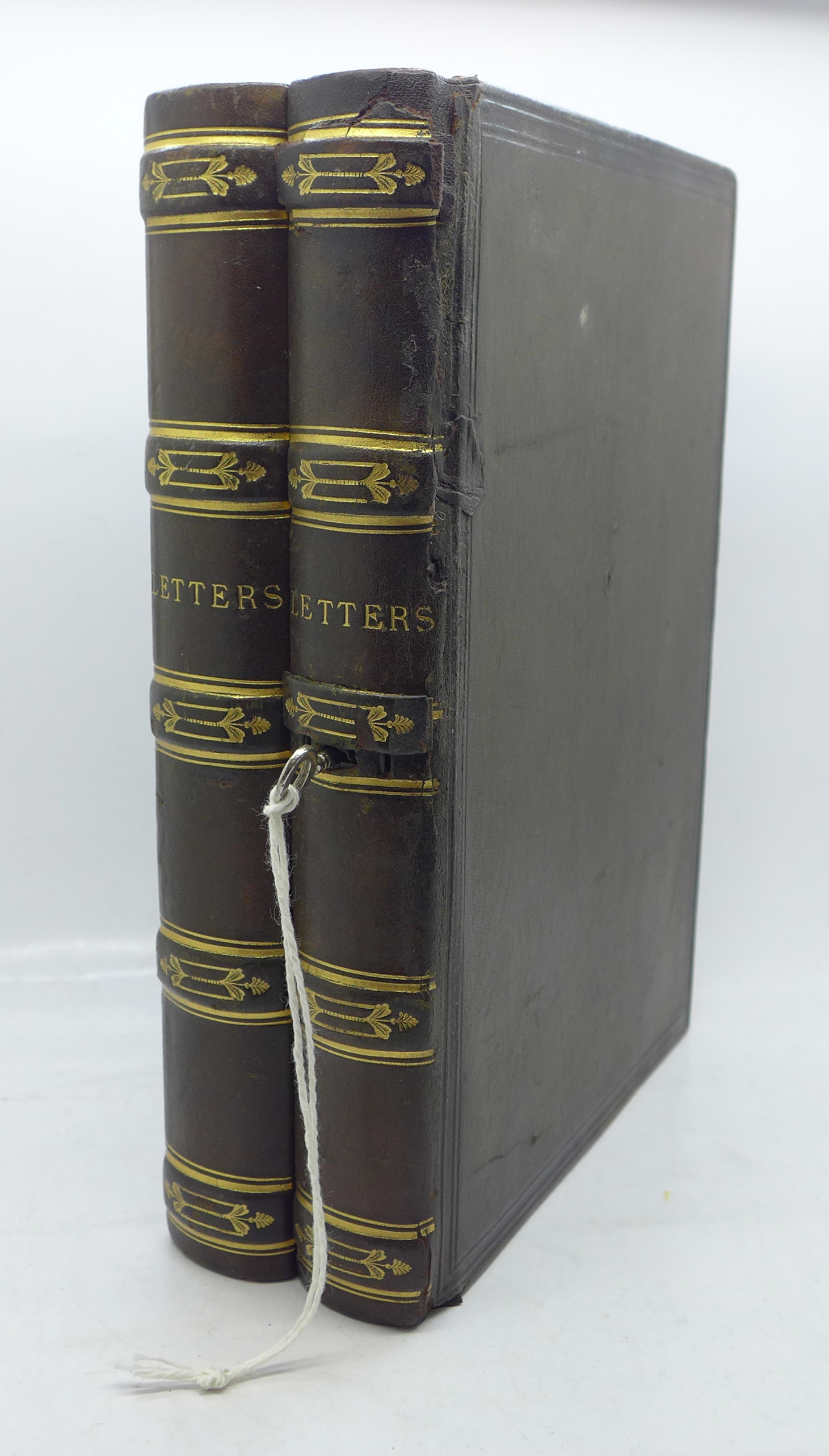 A Victorian leather box in the form of two books, with key, height 23cm