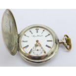 An 0.800 silver pocket watch, Mozart Watch Company, missing glass cover, a/f